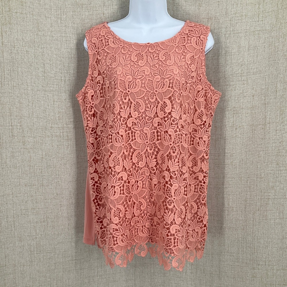 Susan‎ Graver Tank Top Women Large Coral Pink Lace Front Scalloped Hem Romantic